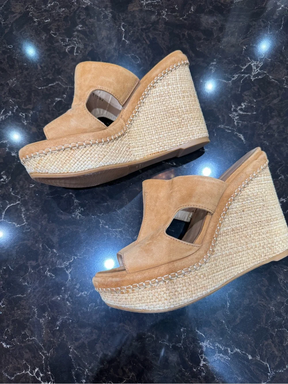 Stuart Weitzman Suede Espadrille Wedge Slides in Tan